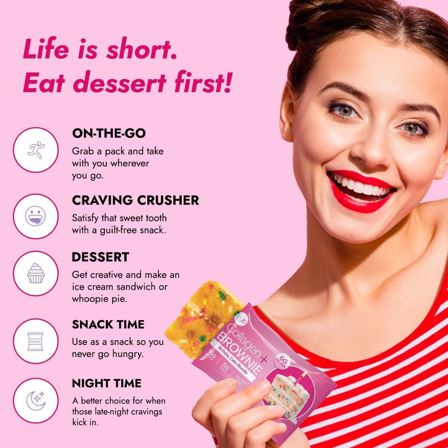 321glo Collagen Protein Brownie, Keto, Gluten-Free, Low Sugar (12 Pack, Birthday Cake Blondie)