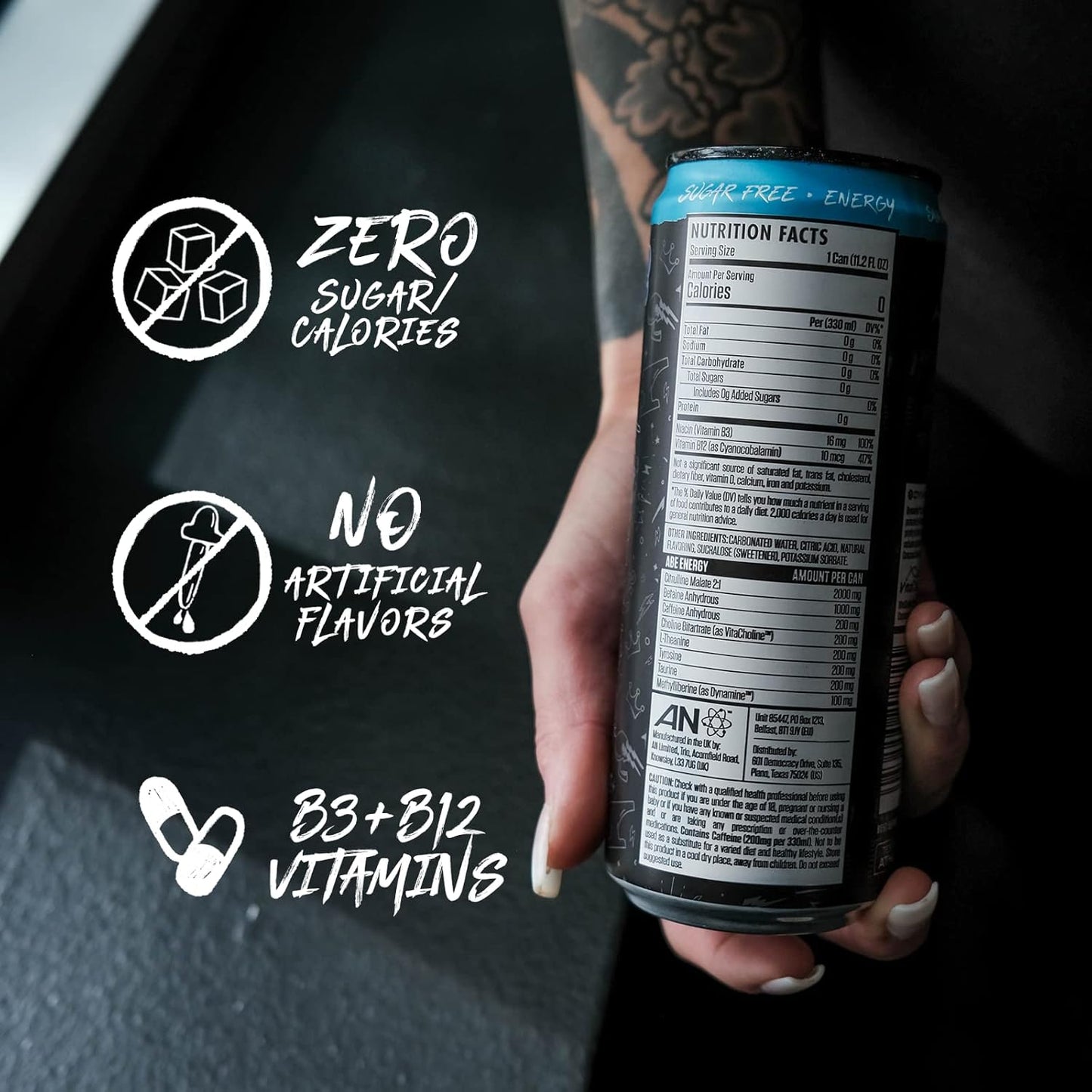 Black Sugar-Free Energy Drink, Blue Lagoon (12 Pack, 200mg Caffeine, 0 Cal)
