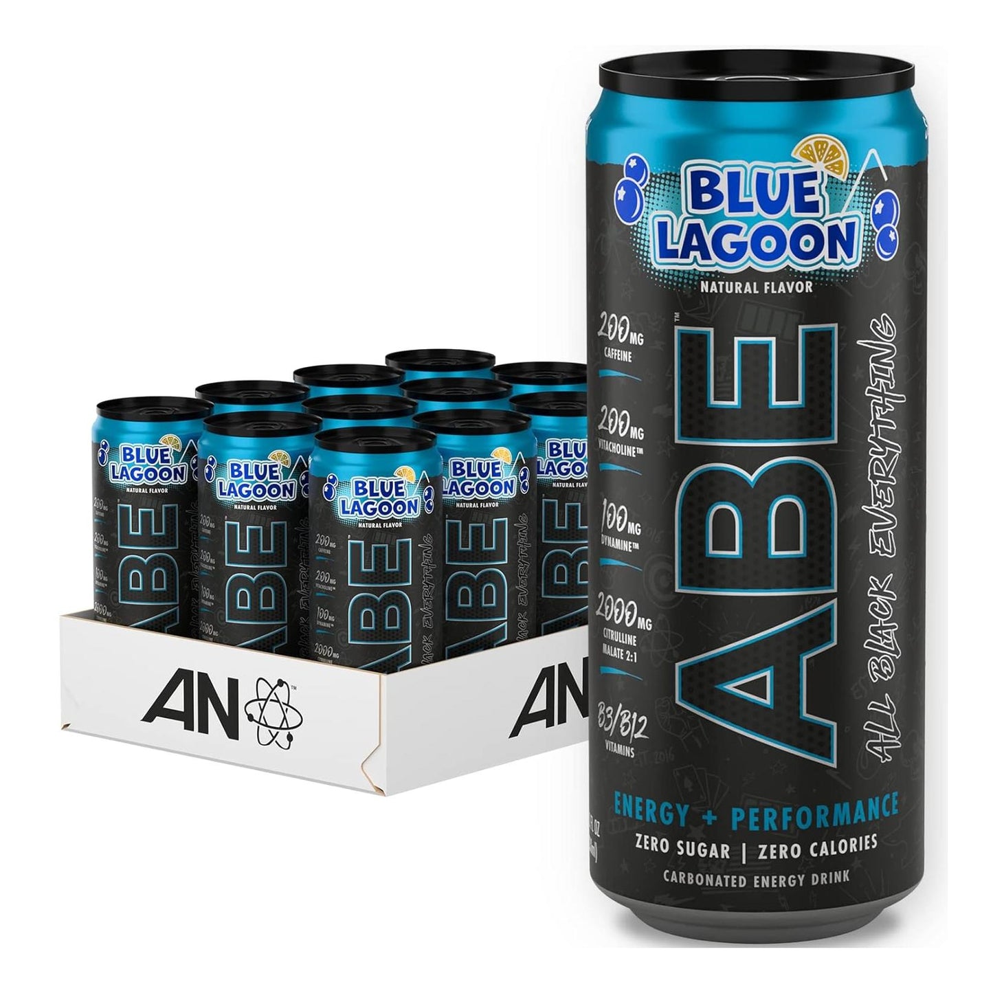 Black Sugar-Free Energy Drink, Blue Lagoon (12 Pack, 200mg Caffeine, 0 Cal)