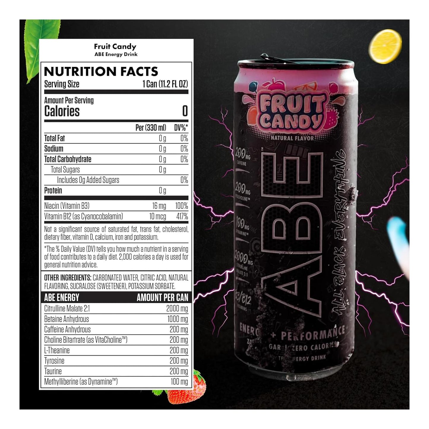 Black Sugar-Free Energy Drink, Fruit Candy Flavor (12 Pack, 200mg Caffeine)