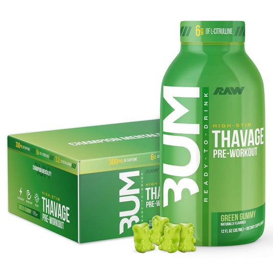 Bum Thavage Pre-Workout RTD - Zero Sugar, Energy Supplement (12 Pack, Green Gummy)