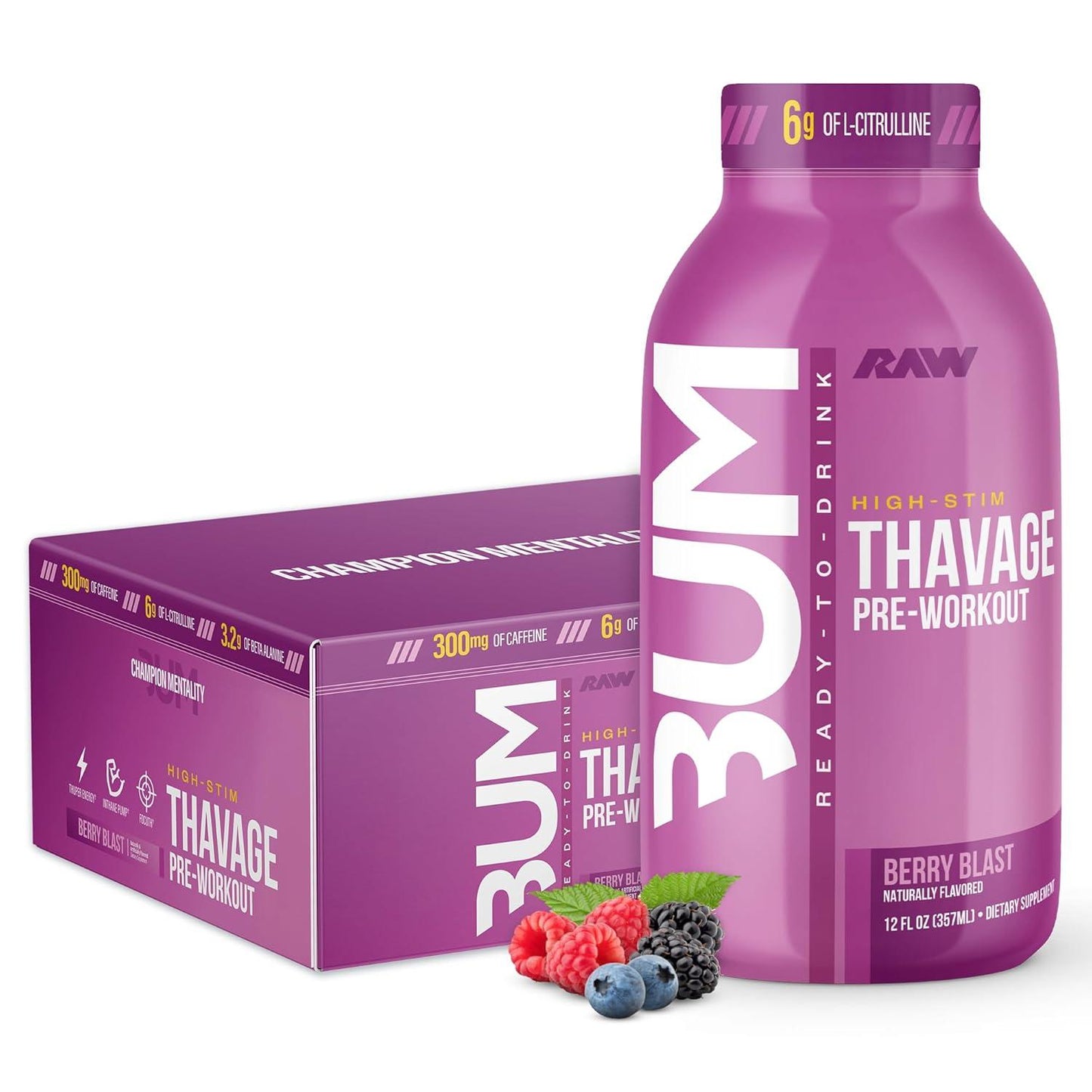 BUM Thavage Pre-Workout RTD - Zero Sugar, Berry Blast (12 Pack)