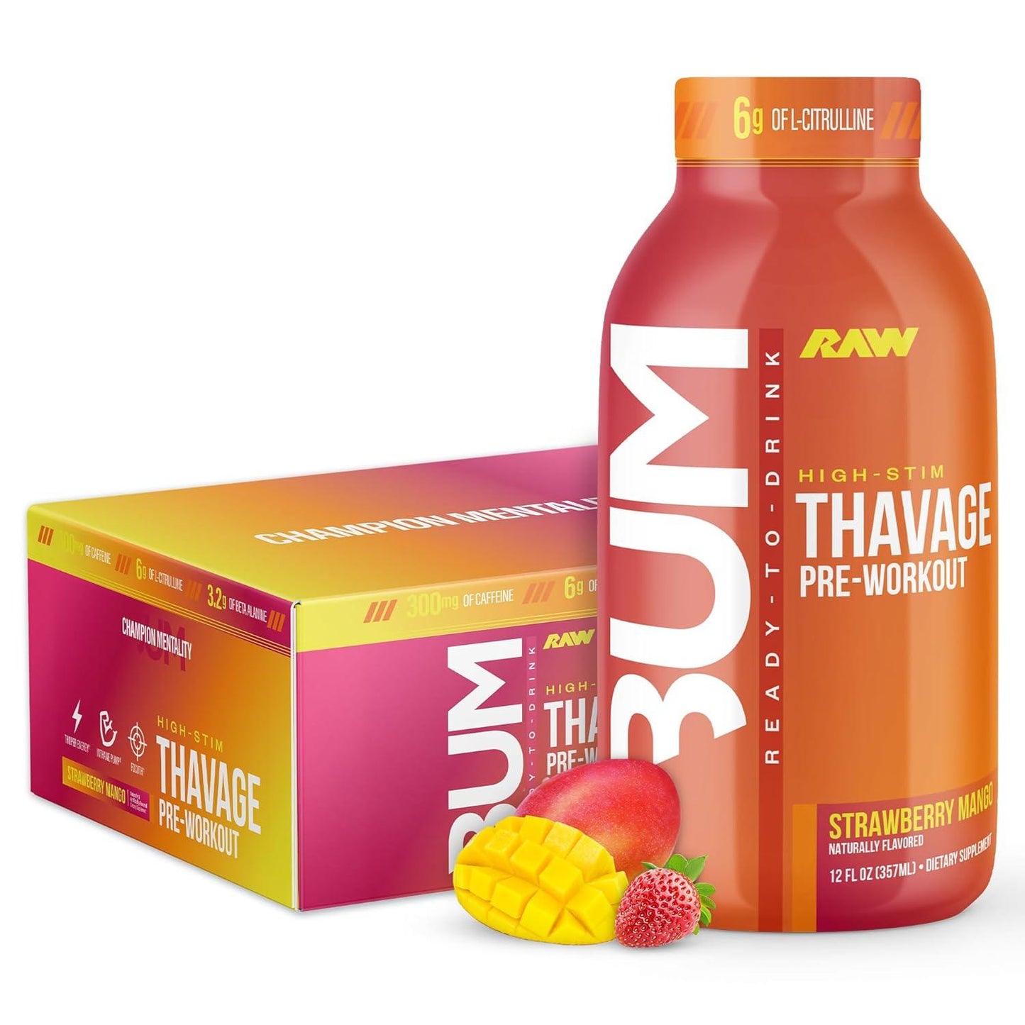 BUM Thavage Pre-Workout RTD - Strawberry Mango, Zero Sugar (12 Pack)
