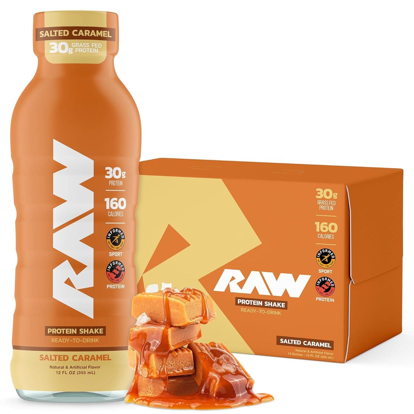 RAW Salted Caramel Protein Shake, Grass-Fed Whey, Zero Sugar (12 Fl Oz)
