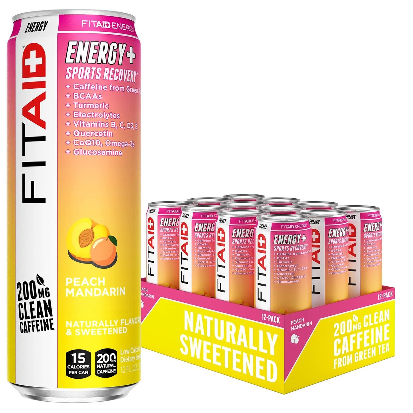 FITAID ENERGY Peach Mandarin, 200mg Caffeine, Keto, Vegan, 12oz (12 Pack)