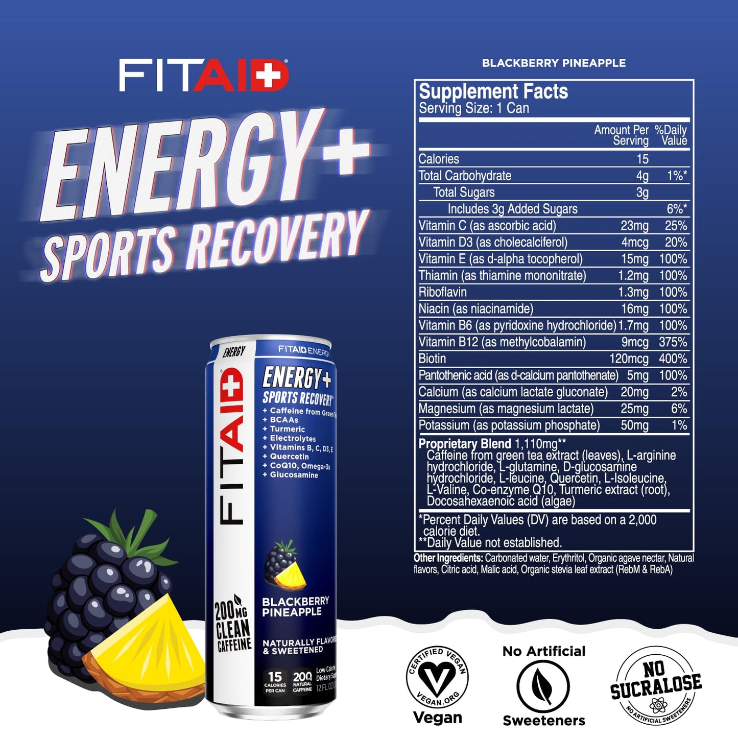 FITAID ENERGY Blackberry Pineapple, 200mg Caffeine, Keto, 12oz (12 Pack)