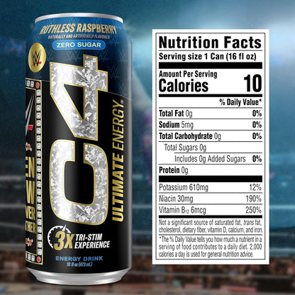 Cellucor C4 Ultimate WWE Pre-Workout Energy Drink, Ruthless Raspberry, Tri-Stim with 300mg Caffeine (16oz, Pack of 12)
