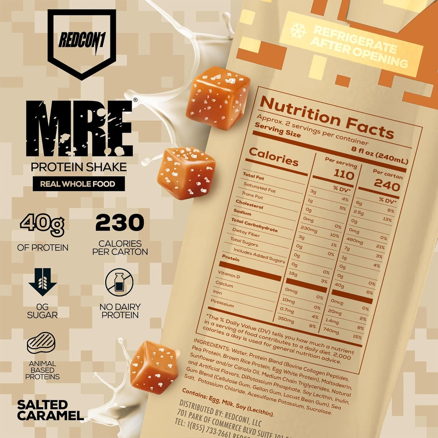 REDCON1 MRE Protein Shakes, Salted Caramel - Whole Food, Sugar-Free (12 Pack)