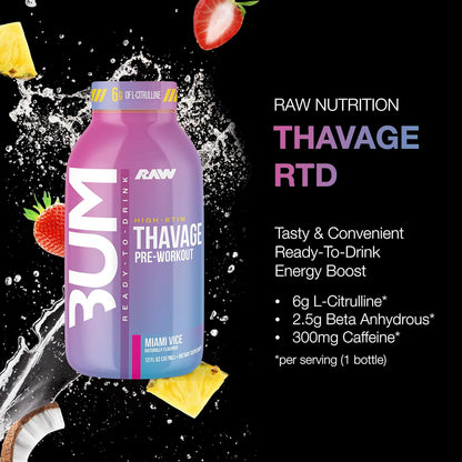 RAW Thavage Pre-Workout RTD - Zero Sugar, Beta Alanine & Caffeine (12 Pack, Miami Vice)