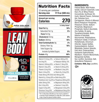 Pina Colada Lean Body Protein Shake, 0 Sugar, Gluten Free (40g, 17oz, Pack of 12)