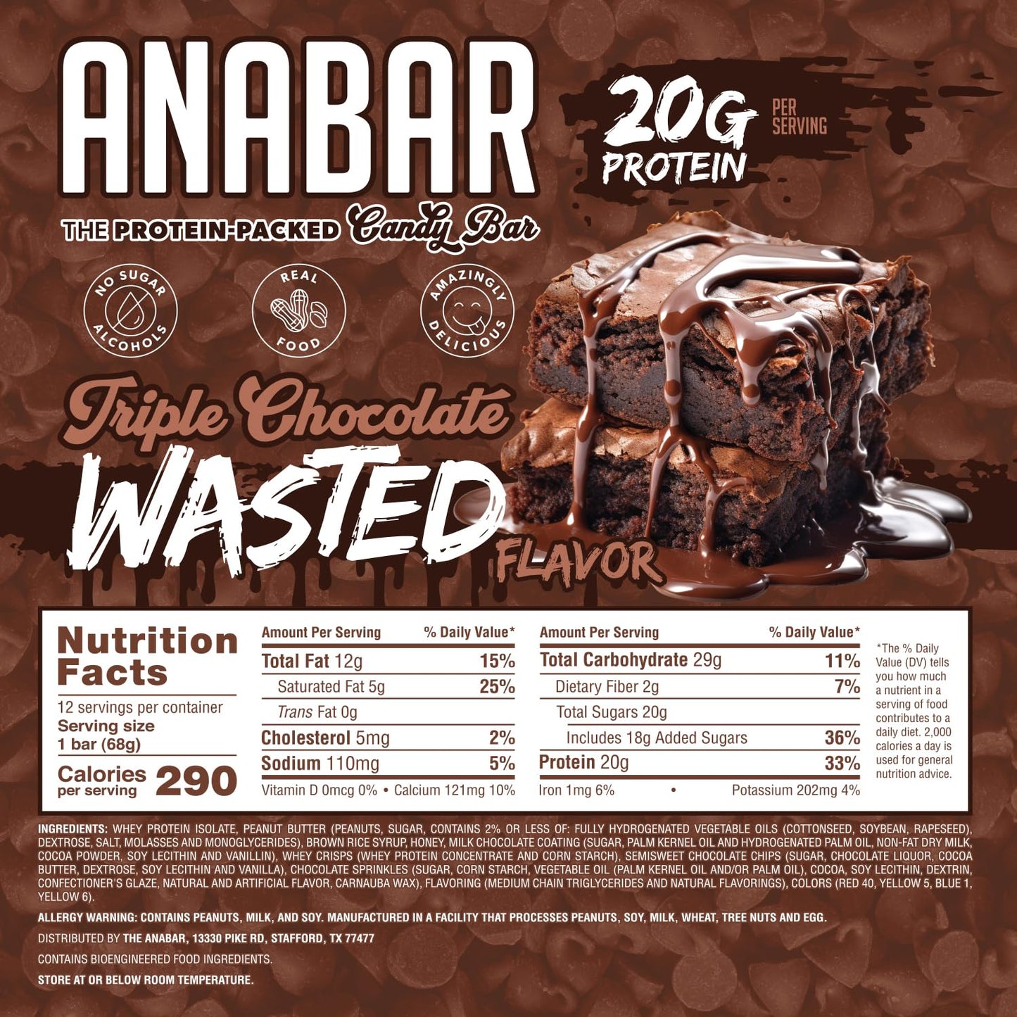 Anabar Protein Bar, Triple Chocolate, 20g Protein, No Sugar Alcohols (12 Bars)