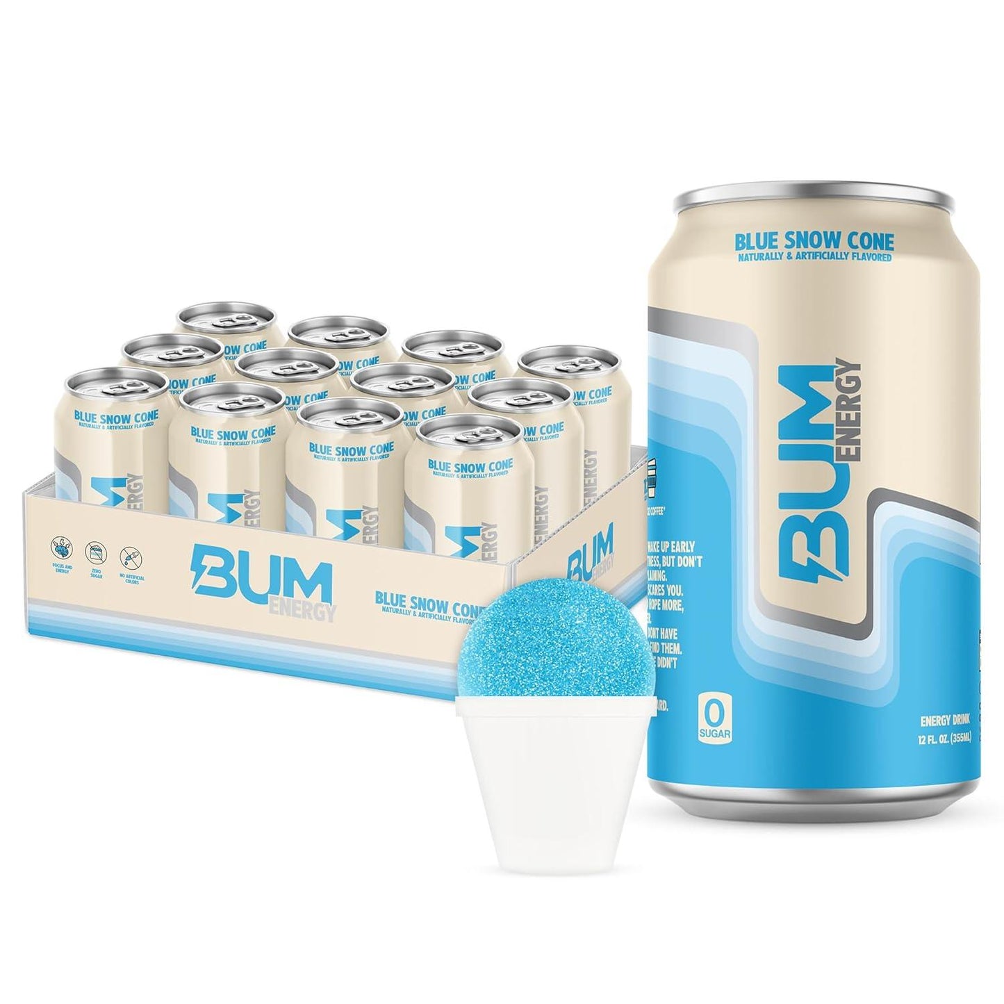 BUM Blue Snow Cone Sugar-Free Energy Drink (12 oz, Pack of 12)