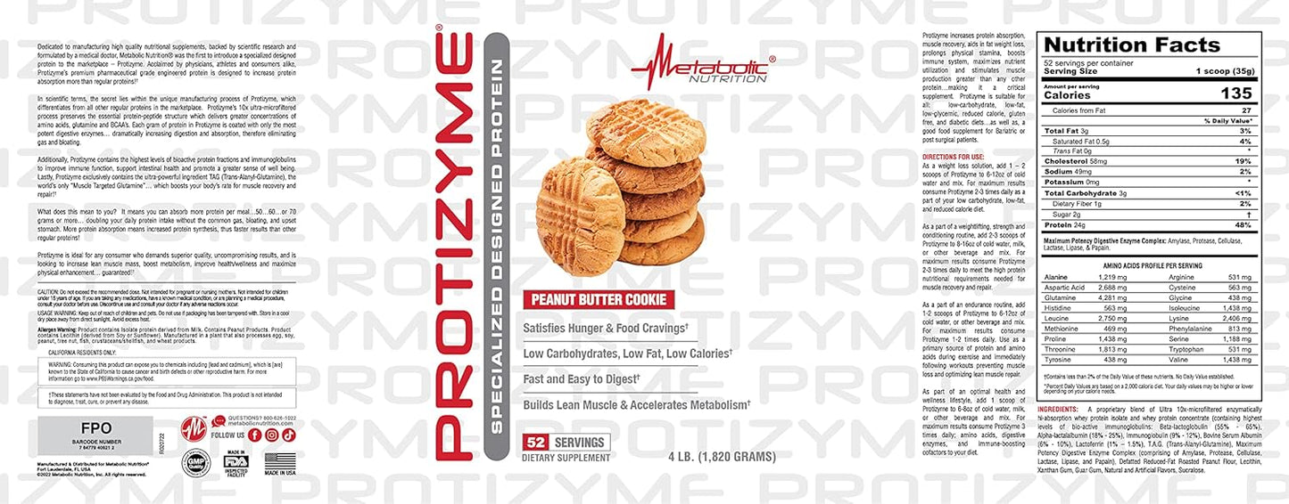 Metabolic Nutrition Protizyme Whey Protein, Low Carb/Fat, 4lb (52 Servings)