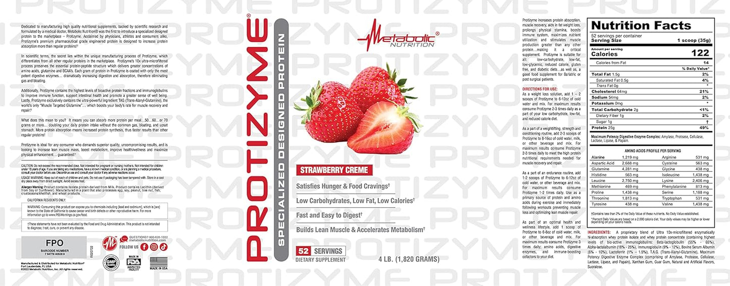 Metabolic Nutrition Protizyme Whey Protein, Low Carb/Fat, 4lb (52 Servings)