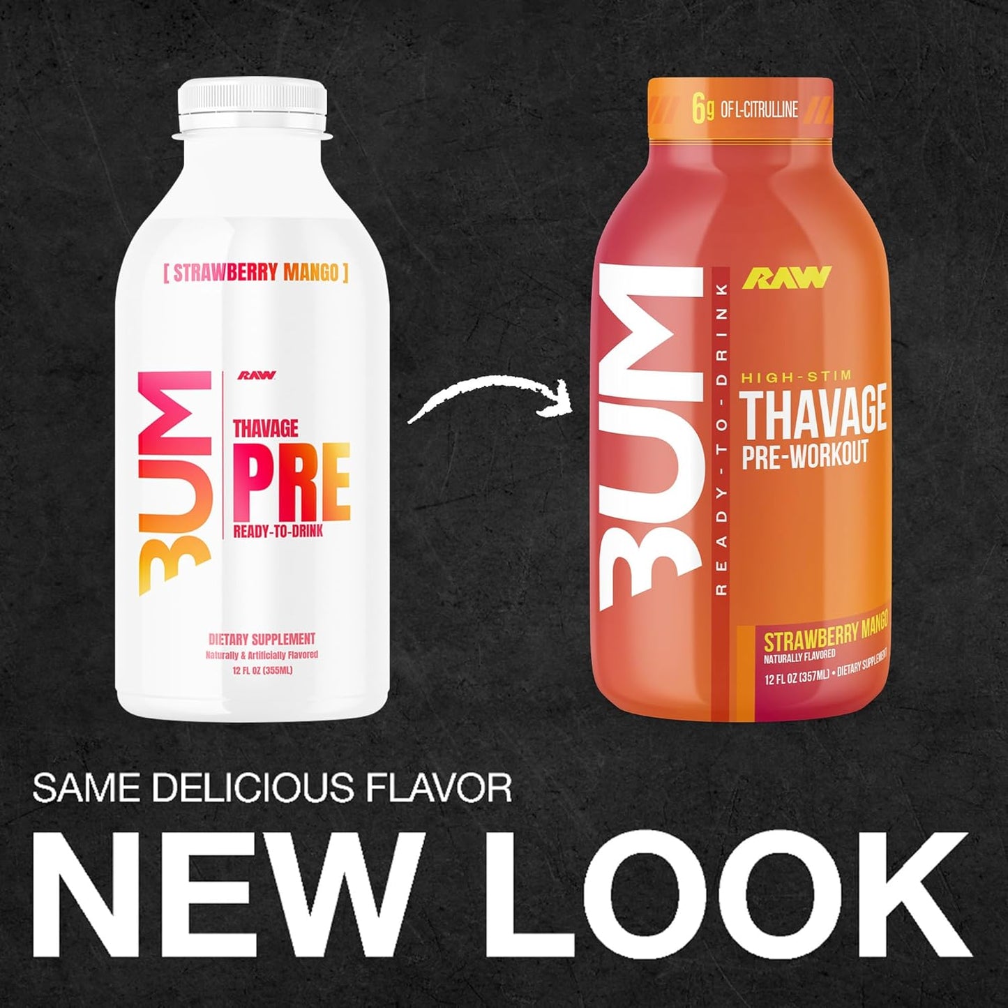 BUM Thavage Pre-Workout RTD - Strawberry Mango, Zero Sugar (12 Pack)