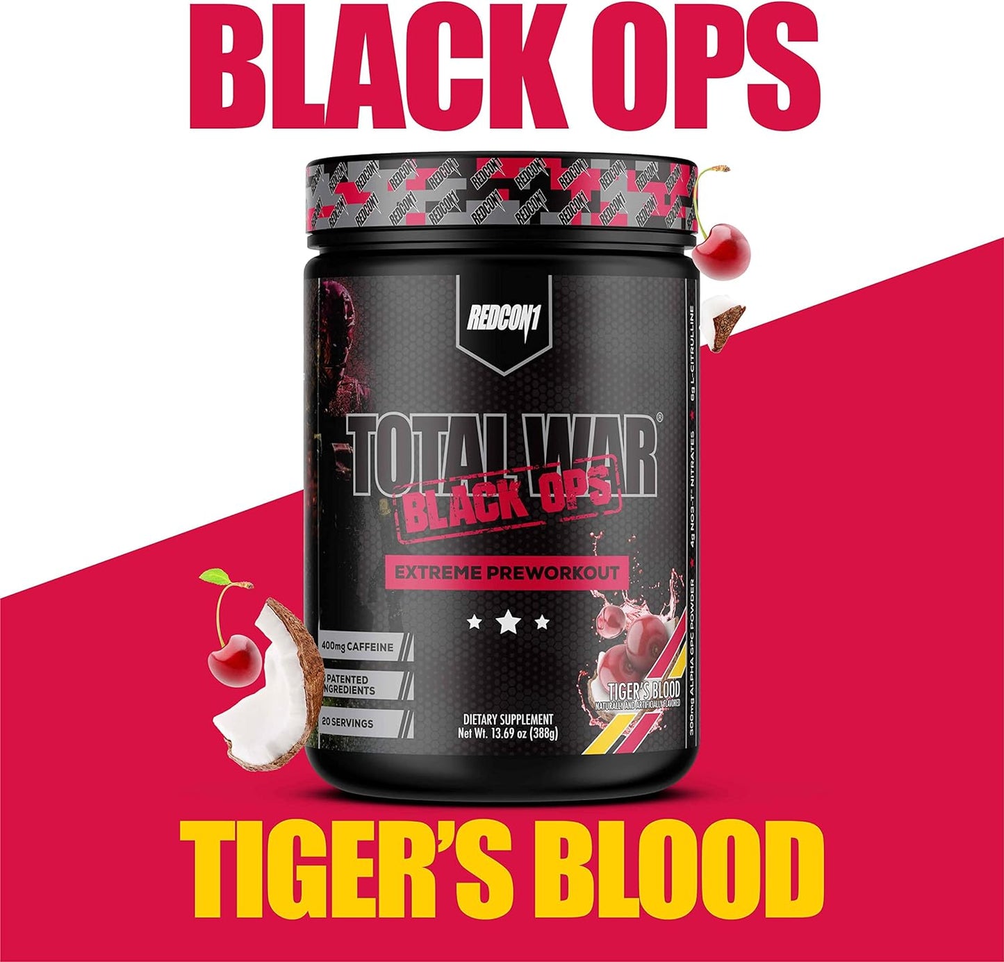 REDCON1 Total War Black Ops Preworkout, Tigers Blood, 400mg Caffeine (20 Servings)