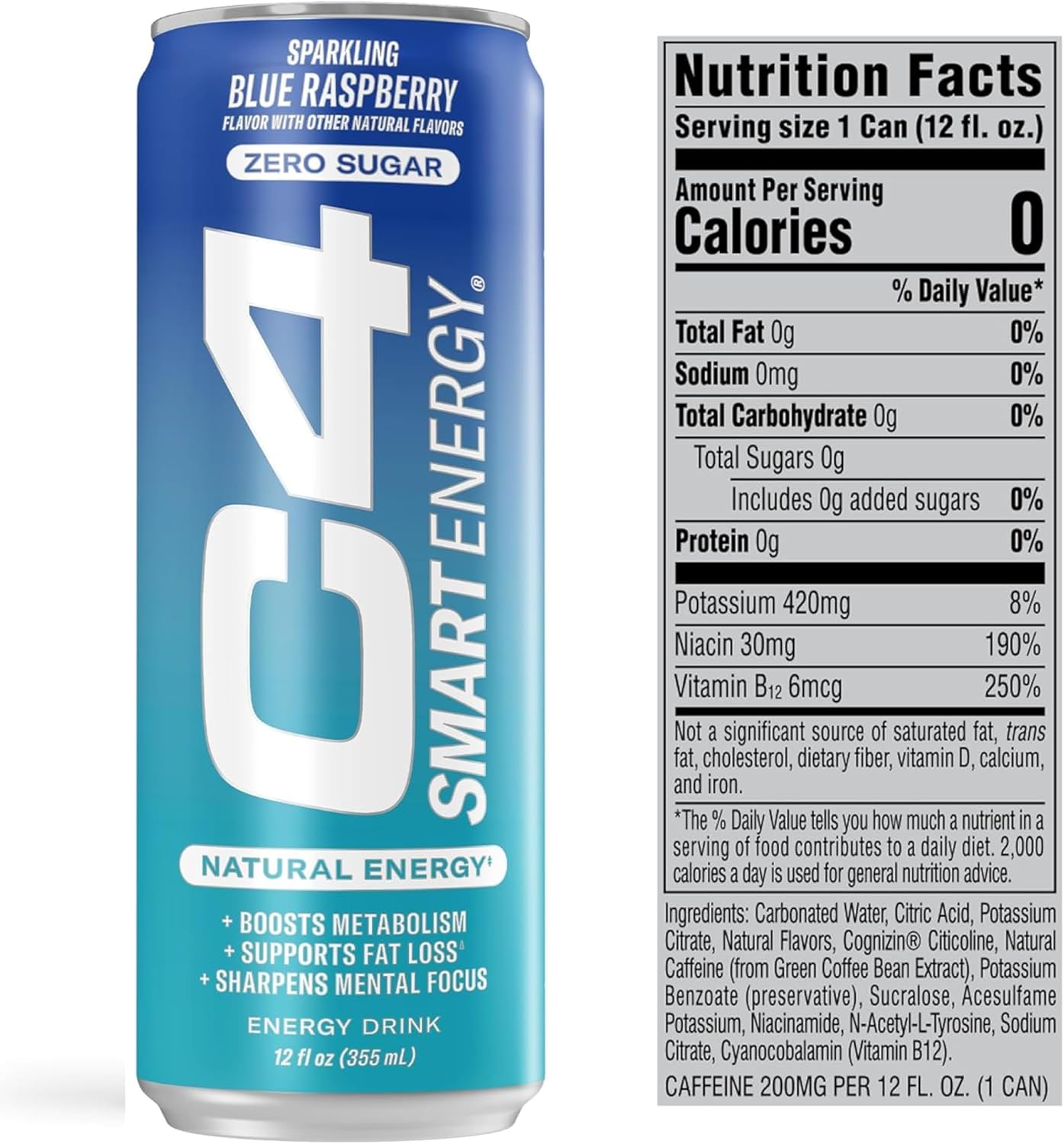 Cellucor C4 Smart Energy Drink for Focus & Energy, Zero Sugar - Blue Raspberry (12oz, Pack of 12)