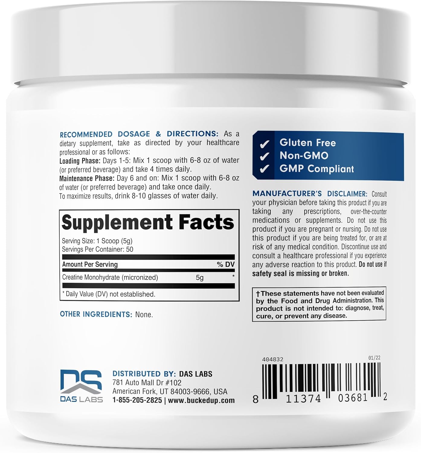 Bucked Up Micronized Creatine Monohydrate, Unflavored (50 Serv, 250g)