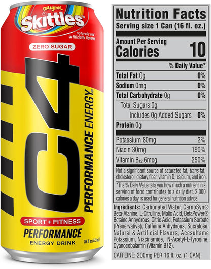 Cellucor C4 Skittles Flavor Energy Drink, Zero Sugar, Preworkout (16 Fl Oz, 12 Pack)