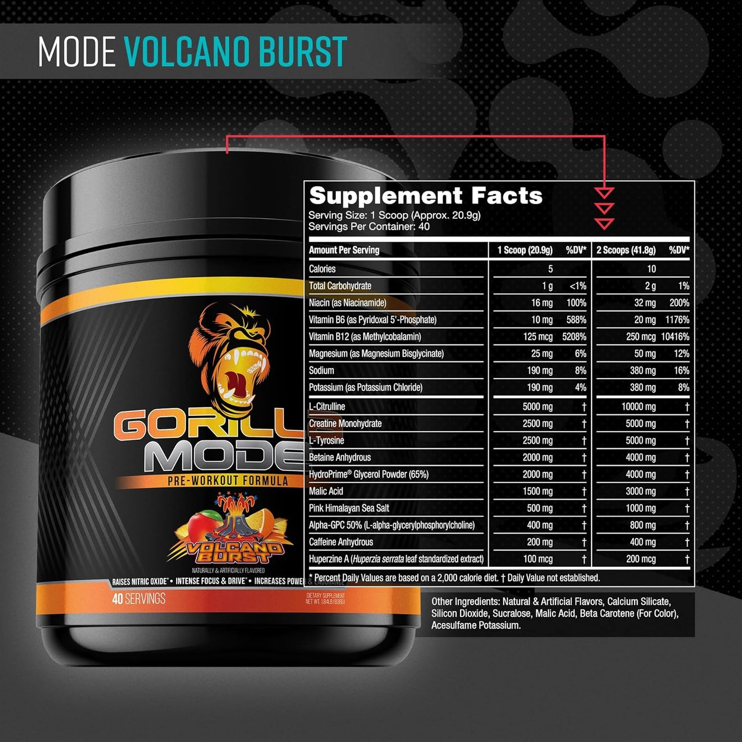 Gorilla Mode Pre-Workout for Pumps, Focus, Energy & Power (836g, Volcano Burst)