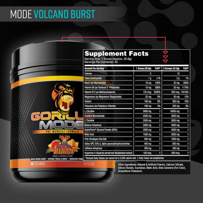 Gorilla Mode Pre-Workout for Pumps, Focus, Energy & Power (836g, Volcano Burst)