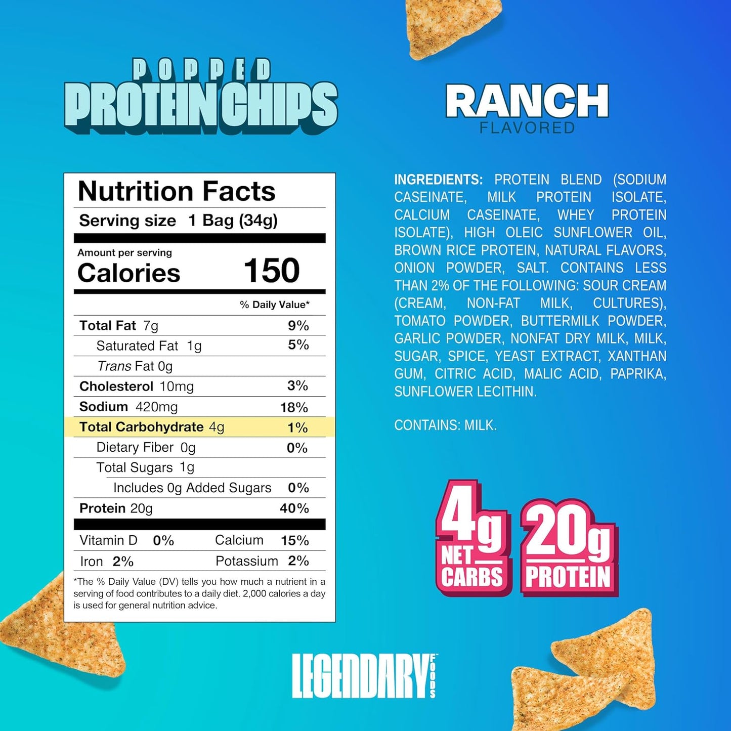 Legendary Foods Keto & Gluten-Free Ranch Chips (High Protein, Low Carb, 7x1.2oz)