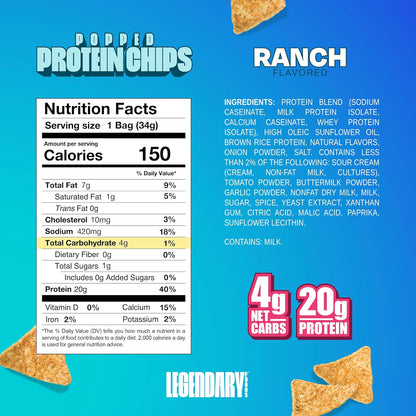 Legendary Foods Keto & Gluten-Free Ranch Chips (High Protein, Low Carb, 7x1.2oz)