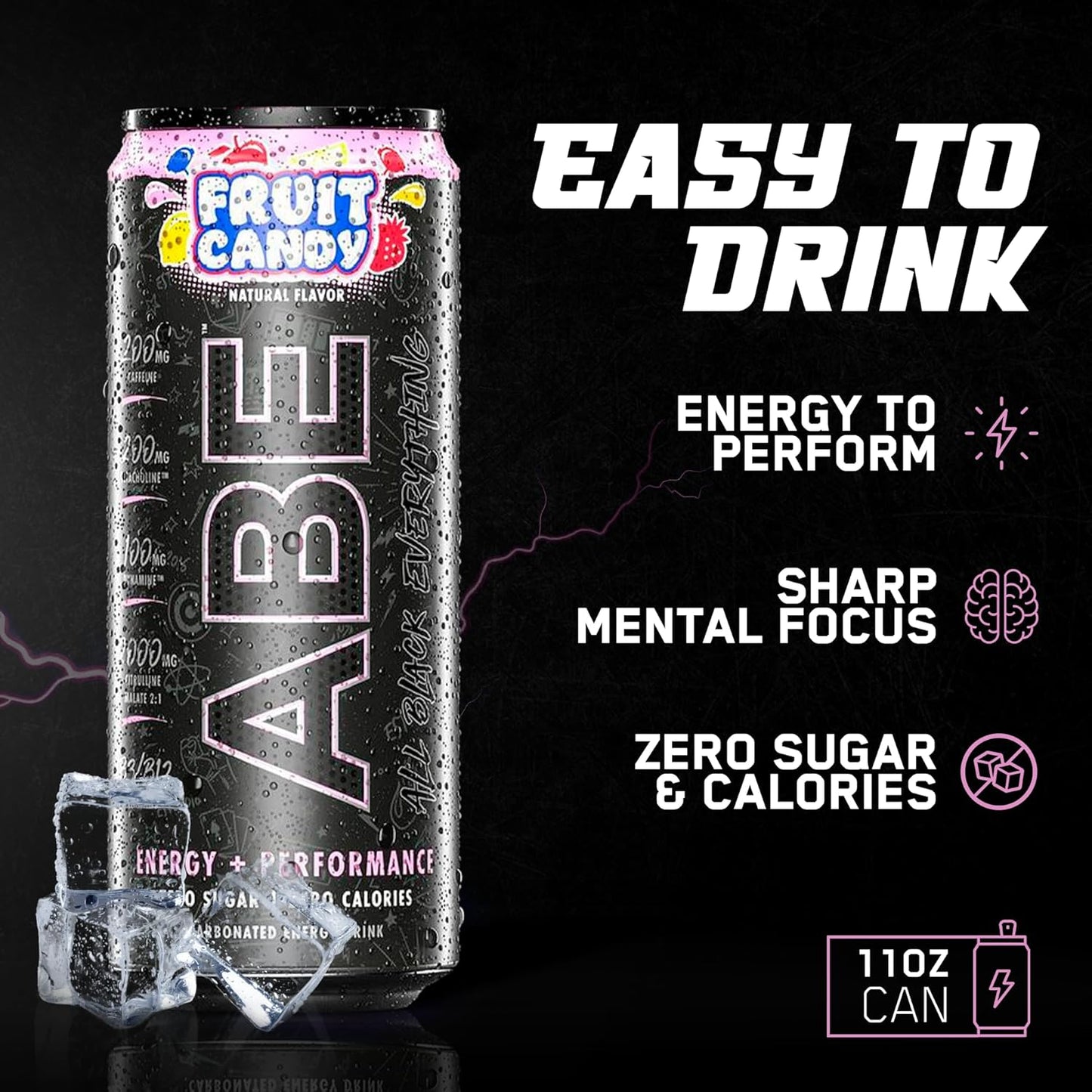 Black Sugar-Free Energy Drink, Fruit Candy Flavor (12 Pack, 200mg Caffeine)
