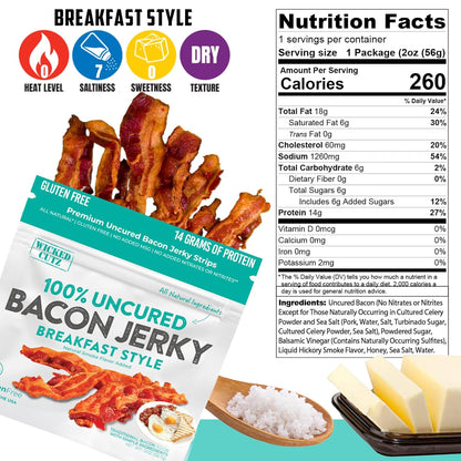 Breakfast Bacon Jerky, Tender & Gluten-Free, 14g Protein, Low Calorie (2 Bags)