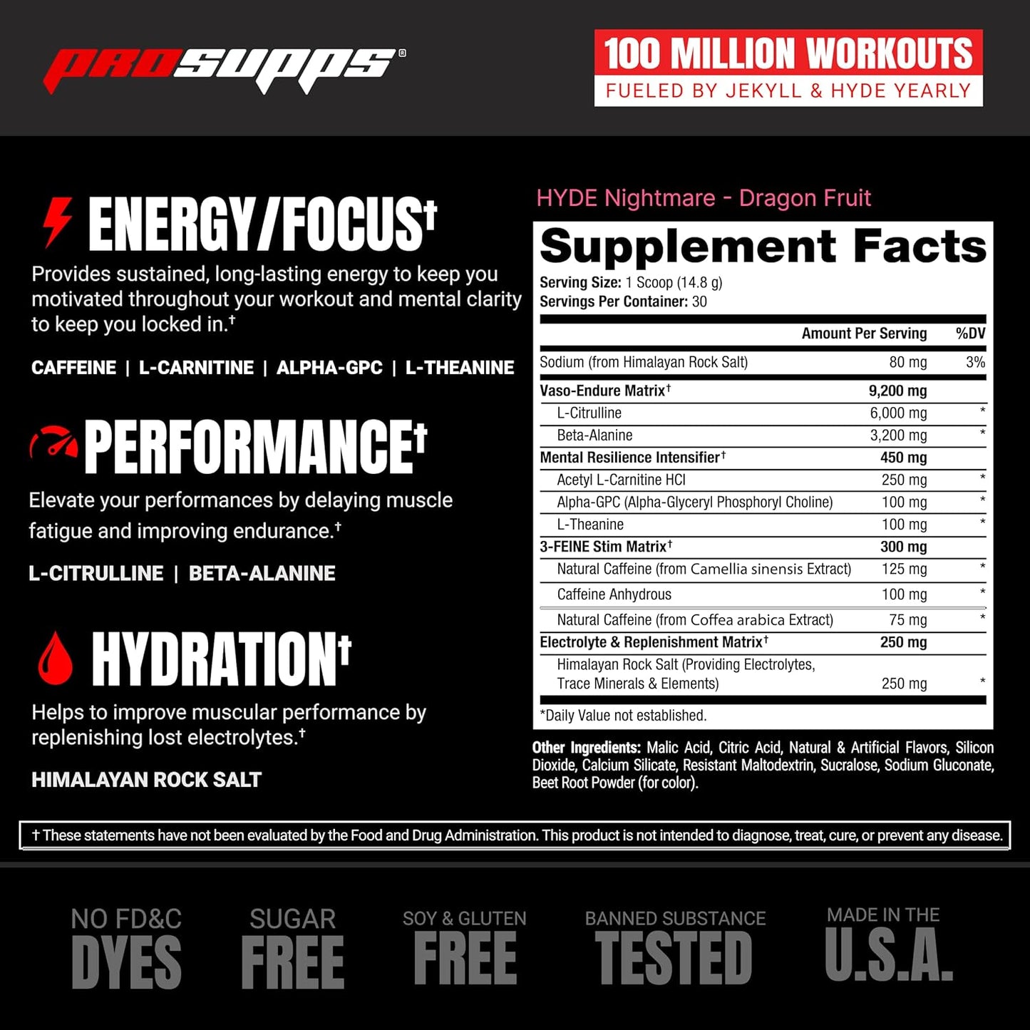 PROSUPPS Hyde Nightmare Pre-Workout - Intense Energy & Focus (30 Servings, Dragon Fruit)