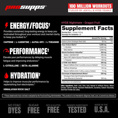 PROSUPPS Hyde Nightmare Pre-Workout - Intense Energy & Focus (30 Servings, Dragon Fruit)