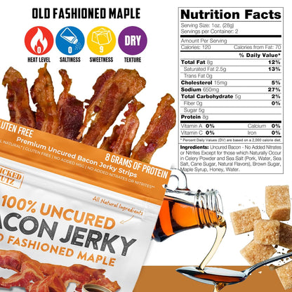 Old Fashioned Maple Bacon Jerky - Tender, Uncured, 16g Protein (2 Bags)