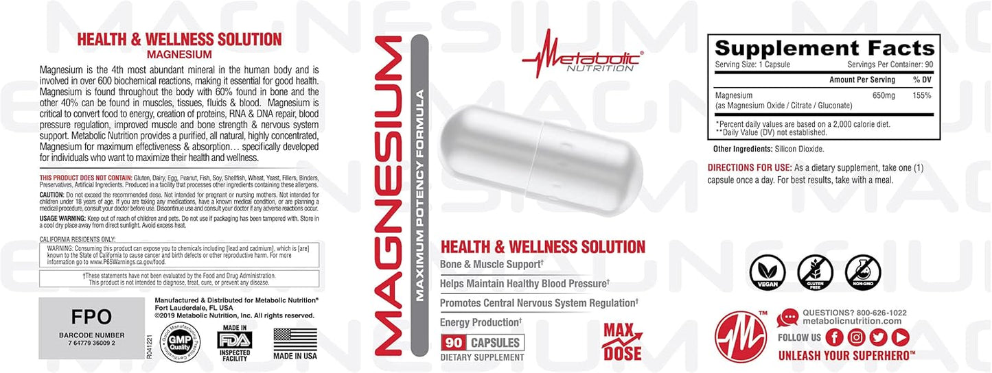 Metabolic Nutrition Magnesium 650mg, Non-GMO, Vegan, Gluten-Free (90 Caps)