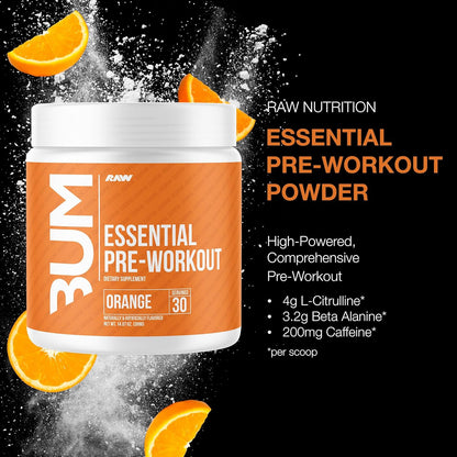 RAW Essential Pre-Workout Powder - Orange, Energy Boost Supplement (40 Servings)