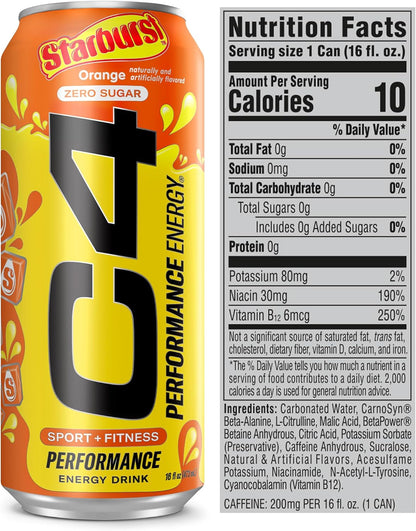 Cellucor C4 Starburst Orange Energy Drink, Zero Sugar, 200mg Caffeine (16oz, 12 Pack)