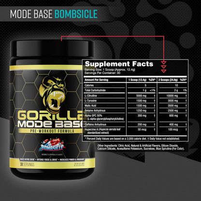 Gorilla Mode Pre-Workout for Focus, Endurance & Power (360g, Bombsicle)