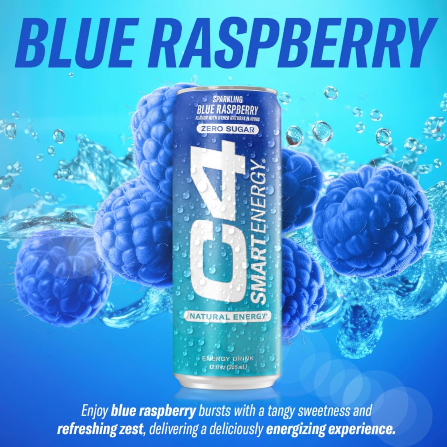 Cellucor C4 Smart Energy Drink for Focus & Energy, Zero Sugar - Blue Raspberry (12oz, Pack of 12)