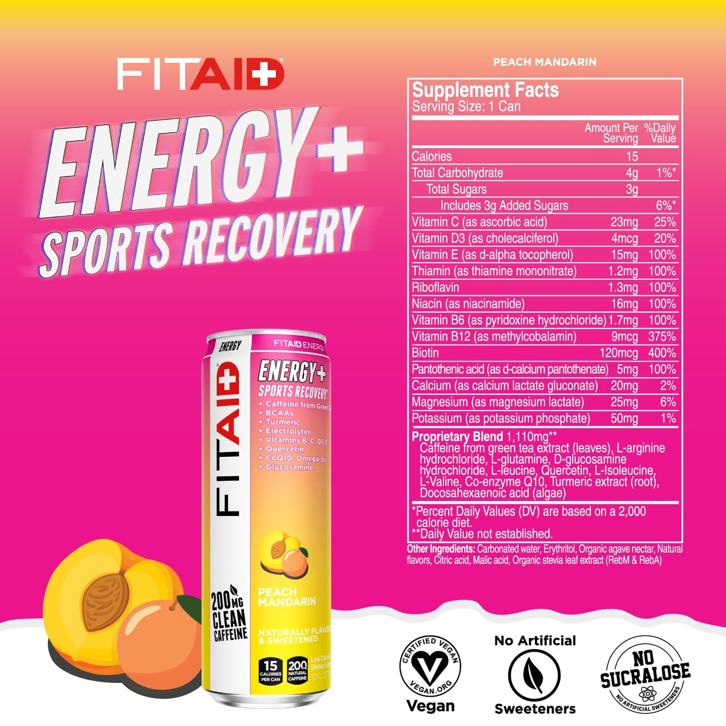 FITAID ENERGY Peach Mandarin, 200mg Caffeine, Keto, Vegan, 12oz (12 Pack)