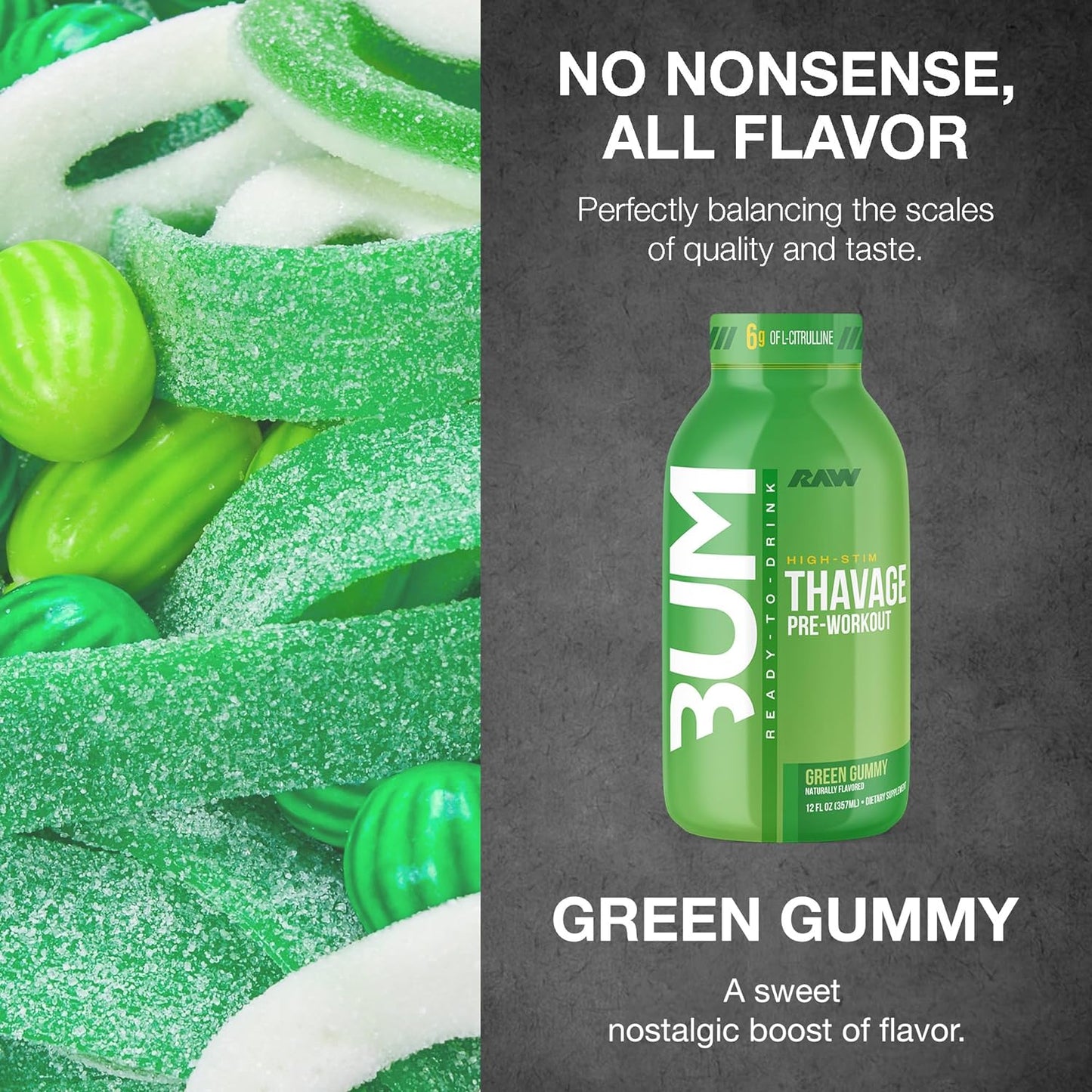 Bum Thavage Pre-Workout RTD - Zero Sugar, Energy Supplement (12 Pack, Green Gummy)