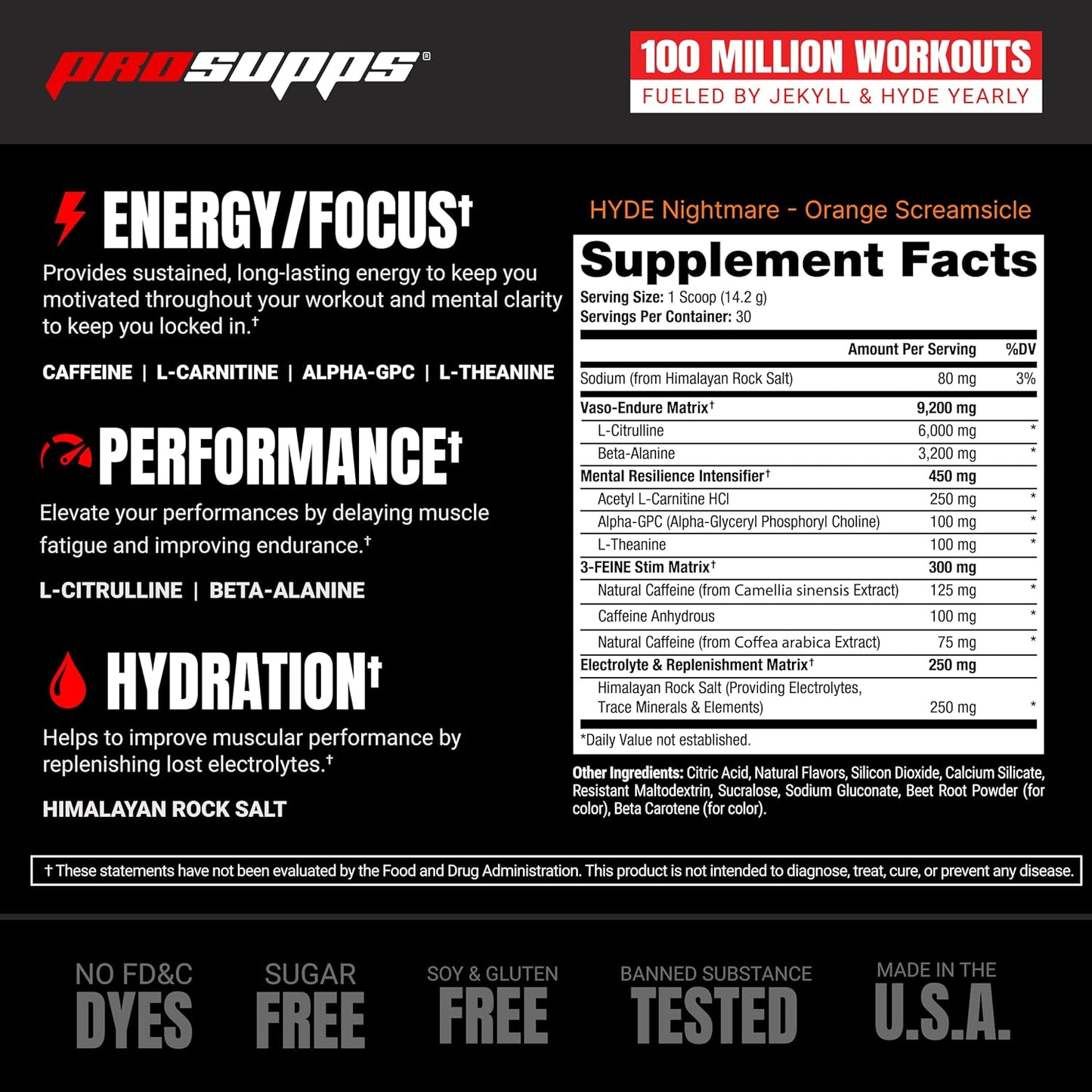 PROSUPPS Hyde Nightmare Pre-Workout - Intense Energy & Focus (30 Servings, Orange Creamsicle)