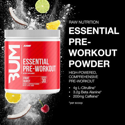 RAW Essential Pre-Workout - Fruit Burst, Energy & Focus Blend (40 Servings)