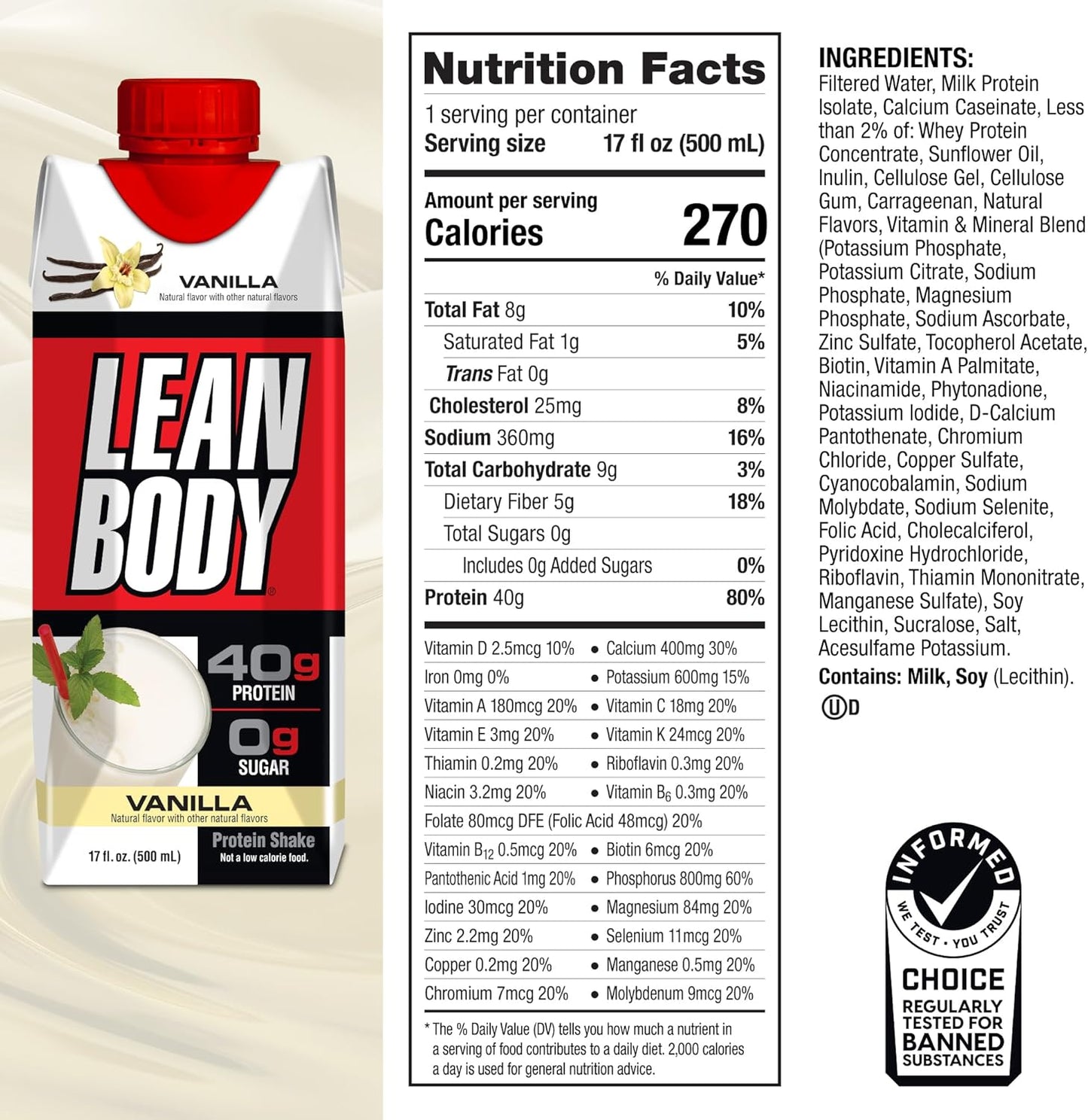 LABRADA Lean Body Vanilla Protein Shake, 0 Sugar, Gluten Free (17 Fl Oz, Pack of 12)