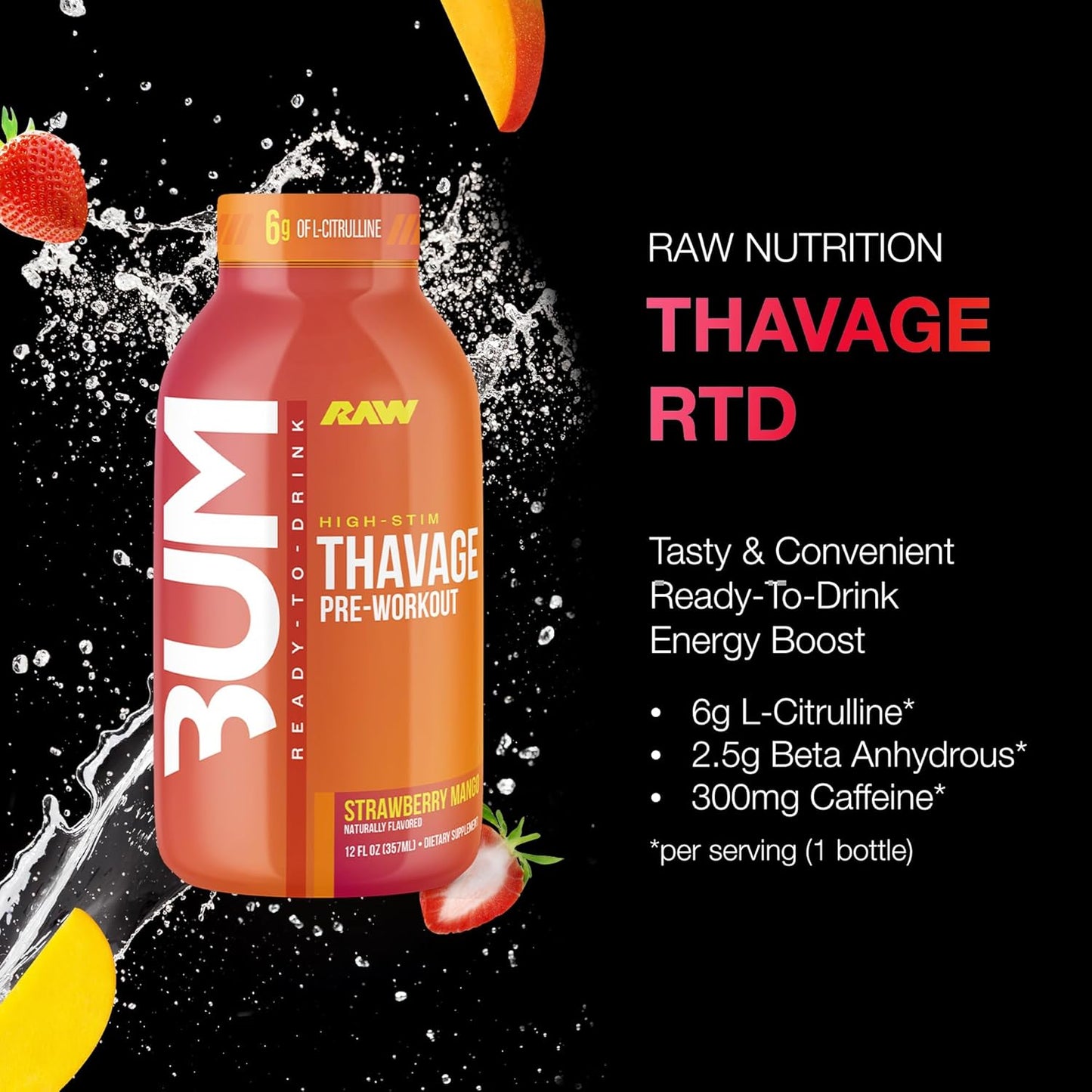 BUM Thavage Pre-Workout RTD - Strawberry Mango, Zero Sugar (12 Pack)
