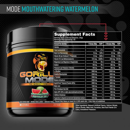 Gorilla Mode Pre-Workout for Pumps, Focus & Energy (800g, Watermelon)