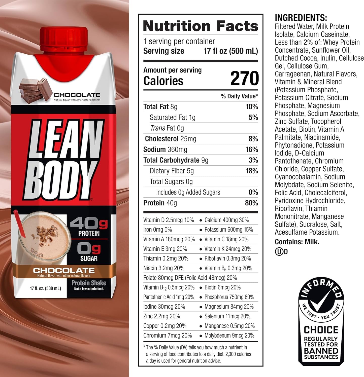 LABRADA Lean Body Chocolate Protein Shake, 0 Sugar, Gluten Free (17 Fl Oz, Pack of 12)