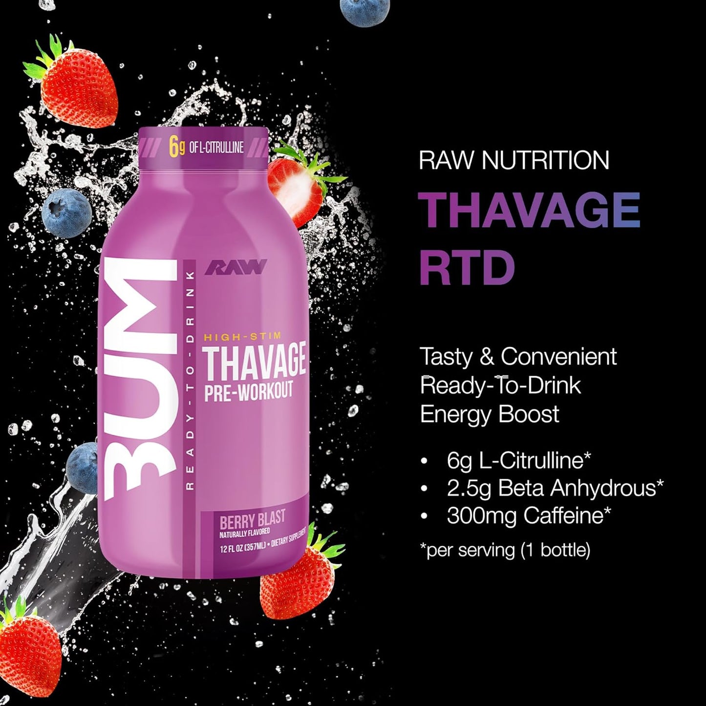 BUM Thavage Pre-Workout RTD - Zero Sugar, Berry Blast (12 Pack)
