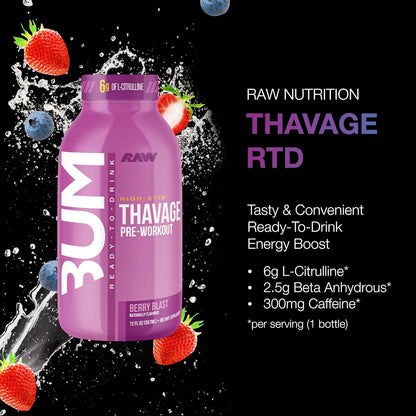 BUM Thavage Pre-Workout RTD - Zero Sugar, Berry Blast (12 Pack)