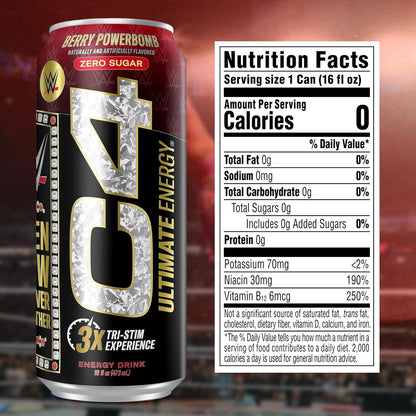 Cellucor C4 Ultimate WWE Berry Powerbomb Pre-Workout Energy Drink, Sugar-Free with 300mg Caffeine, TeaCrine, Dynamine (16oz, Pack of 12)
