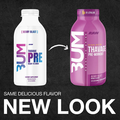 BUM Thavage Pre-Workout RTD - Zero Sugar, Berry Blast (12 Pack)