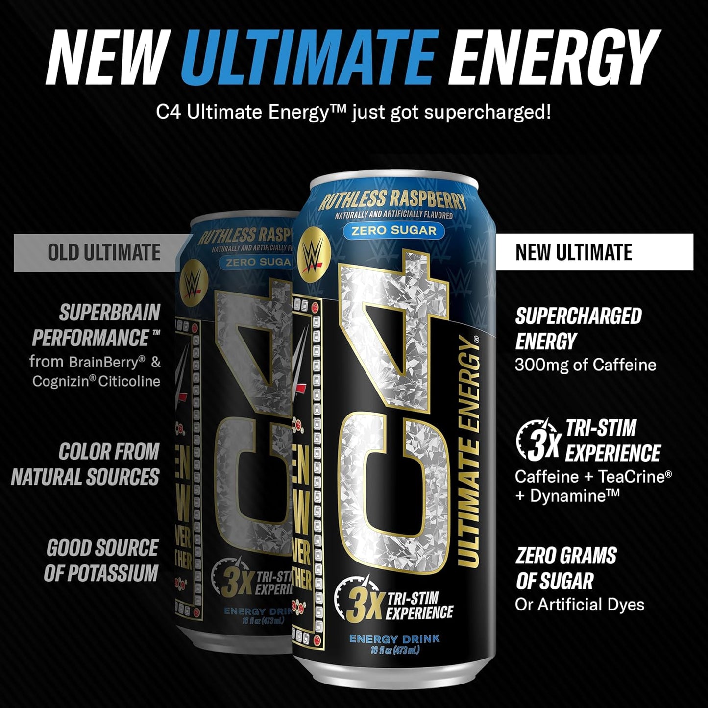 Cellucor C4 Ultimate WWE Pre-Workout Energy Drink, Ruthless Raspberry, Tri-Stim with 300mg Caffeine (16oz, Pack of 12)